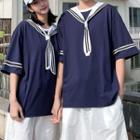 Couple Matching Elbow-sleeve Sailor Collar T-shirt / Plain Shorts