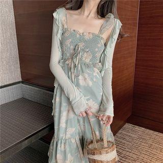 Flower Print Midi Spaghetti Strap A-line Dress / Ruffle Open Front Jacket