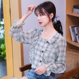 Puff-sleeve Plaid Frill Trim Blouse