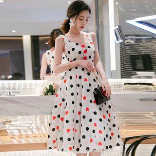 Sleeveless Polka Dot Heart Patterned A-line Midi Dress
