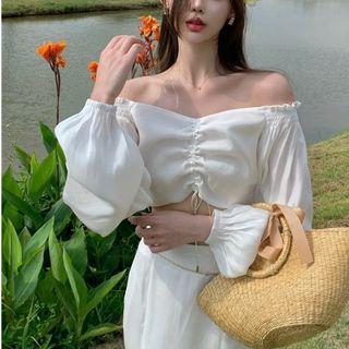 Drawstring Blouse / Slit Midi Skirt