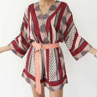 V-neck Patterned Playsuit With Belt