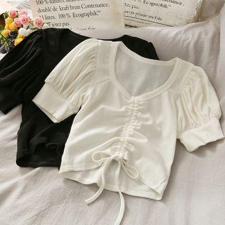 Puff-sleeve Drawstring Crop T-shirt
