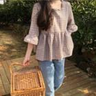 Bell-sleeve Square Neck Plaid Blouse Beige - One Size