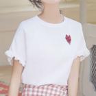 Short-sleeve Frill Trim Heart Embroidered T-shirt