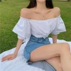 Short-sleeve Off-shoulder Crop Top / Denim Midi Skirt