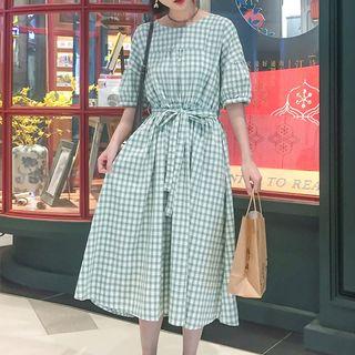Plaid Elbow-sleeve A-line Midi Dress Green - One Size