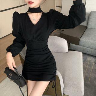 Long-sleeve Mock-neck Cutout Drawstring Mini Bodycon Dress