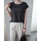 Cap-sleeve Lettering Linen T-shirt