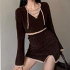 Set: Lace Up Sweater + Pencil Skirt Set Of 2 - Sweater & Skirt - Dark Coffee - One Size