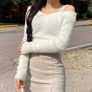 Long-sleeve Cold Shoulder Fluffy Knit Top