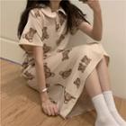 Elbow-sleeve Bear Print Sleep Dress