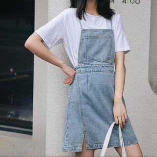 Front Pocket Slit-side Denim Jumper Dress