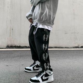 Wings Print Wide Leg Jeans