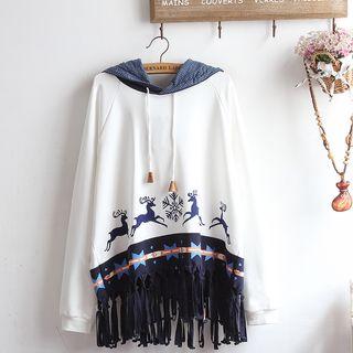 Deer Print Fringe-hem Hoodie