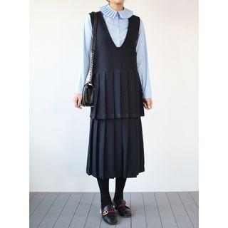 V-neck Sleeveless Pleated Layered Dress