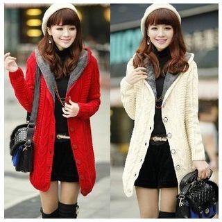 Furry-lined Hooded Long Knit Cardigan