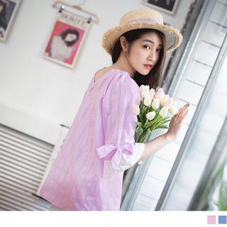 V-neck Striped Bow Sleeve Top