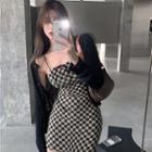 Plain Cardigan / Spaghetti Strap Checkered Mini Sheath Dress