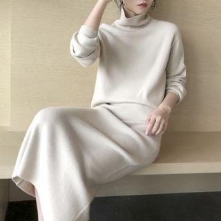 Set: Mock Neck Sweater + Midi Fitted Knit Skirt