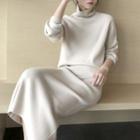 Set: Mock Neck Sweater + Midi Fitted Knit Skirt