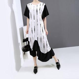 Short-sleeve Dotted Irregular A-line Midi Dress White - One Size