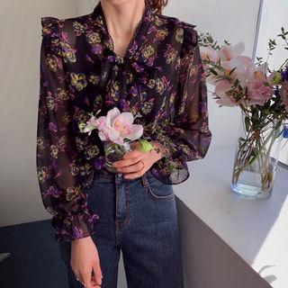 Tie-front Floral Print Top Black - One Size