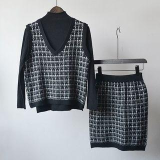 Patterned Knit Vest / Knitted Pencil Skirt / Mock-neck Long-sleeve Knit Top / Set