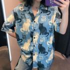 Cat Print Shirt / Plain Shorts