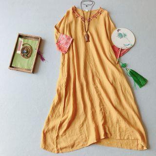 3/4-sleeve Embroidered Linen Midi Dress