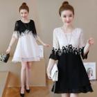 Elbow-sleeve Lace Panel A-line Chiffon Dress