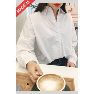 Puff-shoulder Open-placket Striped Top