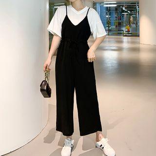 Set: Elbow-sleeve Top + Spaghetti Strap Jumpsuit