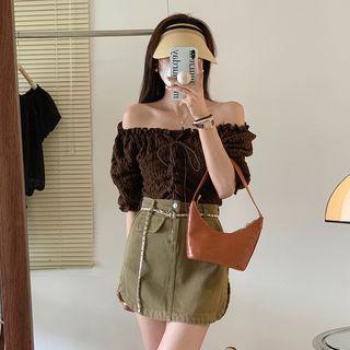 Off-shoulder Drawstring Shirred Blouse / Chain Belt / A-line Skirt / Set