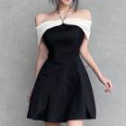 Halter-neck Off-shoulder Two-tone Mini A-line Dress