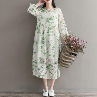 Set: Floral Print Long-sleeve A-line Midi Dress + Strappy Dress