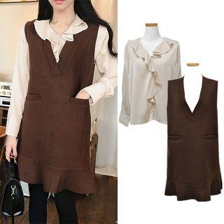Ruffle Trim Blouse / V-neck Pinafore Dress