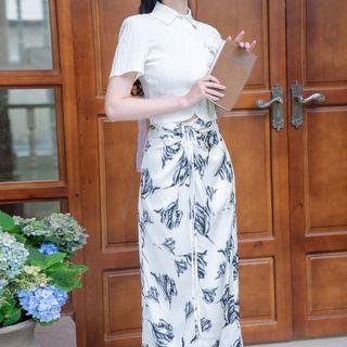 Set: Short-sleeve Frog Buttoned Shirt + Printed Midi A-line Skirt
