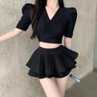 Short-sleeve V-neck Top / Tiered Skort