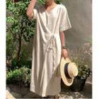 Short-sleeve Plain Tie-waist Midi Shift Dress