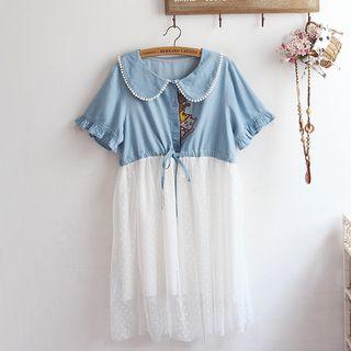 Short-sleeve Denim Panel Shirt Dress As Shown In Figure - One Size