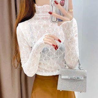 Long-sleeve High-neck Ruffle Trim  Top