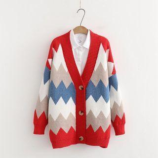 Zig-zag Pattern Buttoned V-neck Cardigan