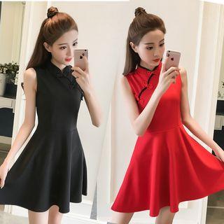 Mandarin Collar Sleeveless A-line Dress