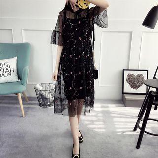 Set: Embroidered Elbow-sleeve Mesh A-line Dress + Spaghetti Strap Dress