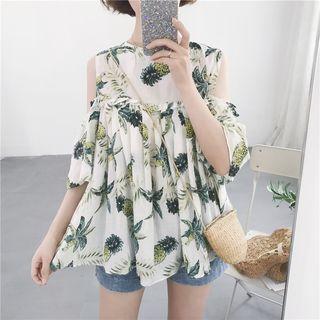 Floral Print Open Shoulder Elbow-sleeve Dress