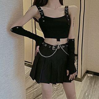 Buckled Cropped Camisole Top / A-line Skirt / Arm Sleeves / Chained Belt