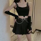 Buckled Cropped Camisole Top / A-line Skirt / Arm Sleeves / Chained Belt
