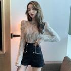 Cold-shoulder Ruffled Lace Top / Double-breasted Tweed Shorts / Lace-up Mini Pencil Skirt