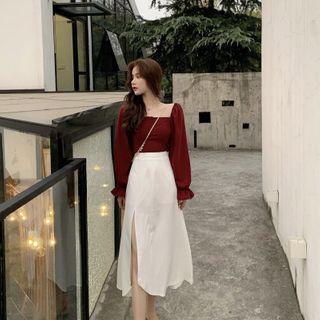 Bell-sleeve Square Neck Top / Midi A-line Skirt